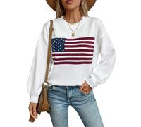 cffvdiz Femmes Crewneck American Flag Pull Pull À Manches Longues Loose Striped USA Knit Jumper Tops Automne 2024,Blanc,M