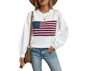 cffvdiz Femmes Crewneck American Flag Pull Pull À Manches Longues Loose Striped USA Knit Jumper Tops Automne 2024,Blanc,M