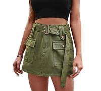 cffvdiz Femmes Denim Cargo Jupe Taille Élastique Moulante Mini Y2K Jean Jupes avec Ceinture,Army Green,S