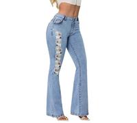 cffvdiz Femmes Flare Jeans Taille Haute Floral Brodé Large Jambe Denim Pantalon,Bleu,XL