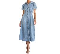 cffvdiz Femmes Manches Denim Distressed Bouton Robe Front Plissé Casual Midi A-Line Jean Robes,Bleu,S