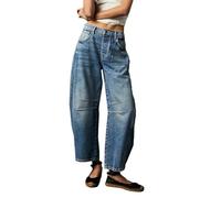 cffvdiz Femmes Mid Rise Barrel Jeans Vintage Baggy Large Leg Cheville Denim Pantalon,Bleu,XL