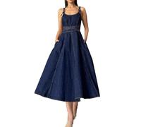 cffvdiz Femmes Sexy Halter Denim Midi Robe Taille Haute Retour Zipper A-Line Robes,Dark Blue,XL