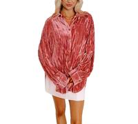 cffvdiz Hauts en Velours pour Femmes Décontractés Vintage Manches Longues Plissés Chemise Ample Tunique Hauts D'extérieur,Rouge,S