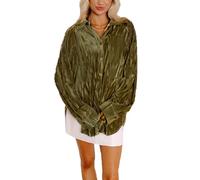 cffvdiz Hauts en Velours pour Femmes Décontractés Vintage Manches Longues Plissés Chemise Ample Tunique Hauts D'extérieur,Vert,XL