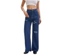 cffvdiz Jeans À Jambe Droite pour Femmes Taille Haute Détressé Déchiré Boyfried Pantalon en Denim À Jambe Large,Bleu,XXL