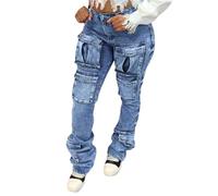 cffvdiz Jeans Cargo Extensibles Taille Mi-Haute pour Femmes Y2K Vêtements De Travail À Poches Multiples Pantalon en Denim À Jambe Droite,Bleu,L