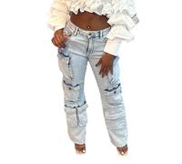 cffvdiz Jeans Cargo pour Femmes Délavé en Détresse Y2K Vêtements De Travail À Poches Multiples Pantalon en Denim Baggy À Jambe Droite,Light Blue,S