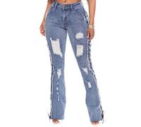 cffvdiz Jeans Déchirés pour Femmes Taille Moyenne Délavé Délavé Côté Cravate Évasée Jeans Large Jambe Denim Pantalon,Bleu,XXL
