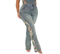 cffvdiz Jeans Évasés en Patchwork Floral pour Femmes Pantalon en Denim Strechy Taille Haute Jeans Larges,Bleu,XXL