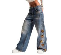 cffvdiz Jeans Larges pour Femmes Taille Haute Baggy Floral Brodé Lâche Pantalon en Denim,Bleu,XL