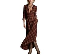 cffvdiz Robe-Chemise Boutonnée pour Femmes Manches Longues Col À Revers Imprimé À Carreaux Robe Maxi Style Campagne,Rouge,L