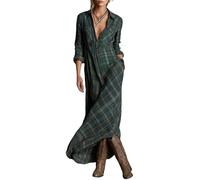 cffvdiz Robe-Chemise Boutonnée pour Femmes Manches Longues Col À Revers Imprimé À Carreaux Robe Maxi Style Campagne,Vert,XL