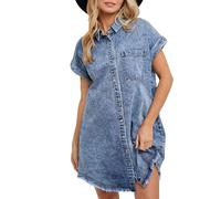 cffvdiz Robe Chemise en Jean pour Femmes D'Été À Manches Courtes Bouton vers Le Bas Jean Chemise Robes,Bleu,M