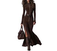 cffvdiz Robe en Faux Suède pour Femmes Sexy Et Slim avec Fermeture Éclair Manches Longues Vintage Western Robe Maxi Bodycon,Marron,XL