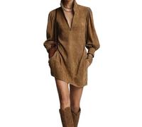 cffvdiz Robes Western pour Femmes en Faux Daim Vintage À Manches Longues Col Montant Robe De Cowgirl Zippée,Marron,XXL