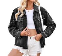 cffvdiz Veste en Jean pour Femmes À Manches Longues Pearl Denim Jean Vestes Lit Bébé,Noir,M