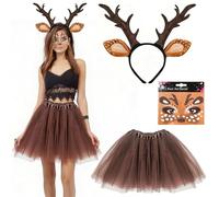 CFHOOAY Costume de cerf pour femme - 3 pièces - Serre-tête de renne - Jupe tutu marron et tatouage pour le visage - Accessoire de costume de carnaval pour femmes et filles - Fête de Noël (kit de base