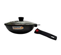 Cflagrant Wok 28 cm Façon Pierre Induction avec Couvercle Cuisson sans Matière Grasse Revêtement sans PFOA en Greblon C3 de Technologie Allemande (Poignée Amovible)