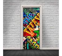 CFLEGEND 3D Porte murales Rue des graffitis Moderne Autocollant de porte Auto-adhésif Imperméable à l'eau Maison Porte intérieure Décoration Chambre Salle de bain Enfants Le bureau de Affiche 95*215CM