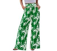 CFLONGE Palazzo Pantalon d'été décontracté 2026 pour femme Taille haute Motif floral Jambe large Pantalon tendance Boho Tenues de plage, vert, Taille S