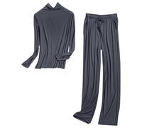 cfpqv Pyjama pour femme - Long - Grandes tailles - Manches longues - Deux pièces - Col montant - Vêtement de détente - Couleur œuf - Haut de pyjama - Taille élastique - Pantalon de nuit, gris foncé, M