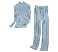 cfpqv Pyjama pour femme - Long - Grandes tailles - Manches longues - Deux pièces - Col montant - Vêtement de détente - Couleur œuf - Haut de pyjama - Taille élastique - Pantalon de nuit, bleu clair, L