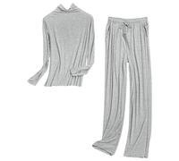 cfpqv Pyjama pour femme - Long - Grandes tailles - Manches longues - Deux pièces - Col montant - Vêtement de détente - Couleur œuf - Haut de pyjama - Taille élastique - Pantalon de nuit, gris, M