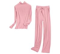 cfpqv Pyjama pour femme - Long - Grandes tailles - Manches longues - Deux pièces - Col montant - Vêtement de détente - Couleur œuf - Haut de pyjama - Taille élastique - Pantalon de nuit, Rose, XL
