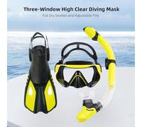 CFTGIW Lunettes de Plongée Masque de Plongée à Trois Fenêtres Très Transparent avec Tuba Entièrement Sec et Palmes Réglables pour Hommes et Femmes Équipement de sous l'eau Plus Sec et Offrant Une