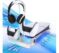 Cfux-Support Horizontal Ps5 Slim Avec Ventilateurs De Refroidissement À 2 Niveaux, Support De Base De Chargeur Manette Ps5 Et Support De Casque Pour Console Ps5 Slim Digital/Disc Console