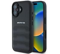 Étui AMG pour iPhone 16 6.1 noir étui rigide en cuir Lignes en relief Logo noir