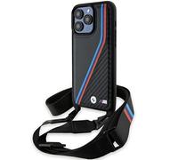 Étui BMW pour iPhone 15 Pro 6.1 noir étui rigide M Edition Carbon Tricolor Lines & Strap