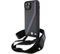 Étui BMW pour iPhone 15 noir étui rigide M Edition Carbon Tricolor Lines & Strap