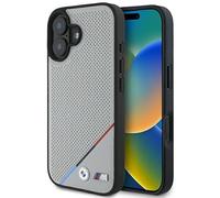 CG Mobile Coque rigide BMW BMHMP16S23PUPDG pour iPhone 16 6,1" perforée ligne tricolore Gris M