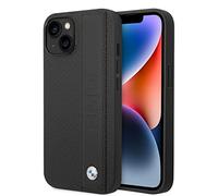 CG MOBILE BMW Coque de téléphone pour iPhone 14 Plus Signature Collection dans un étui texturé noir, étui de protection et durable en cuir véritable avec encliquetage, absorption des chocs et logo