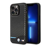 CG Mobile BMW Coque de téléphone pour iPhone 14 Pro en Noir avec Fond Horizontal Ligne Bleue, Coque de Protection et Durable en Fibre de Carbone PU avec Facile à Clipser, Absorption des Chocs et Logo
