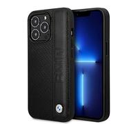 CG MOBILE BMW - Coque de téléphone pour iPhone 14 Pro Max Signature Collection en noir texturé, étui de protection et durable en cuir véritable avec facile à clipser, absorption des chocs et logo