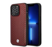 CG MOBILE BMW Étui de protection en cuir véritable pour iPhone 14 Pro Max Signature Collection avec motif diamant bordeaux, étui de protection durable et facile à clipser, absorption des chocs et logo