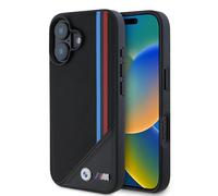 CG Mobile BMW HC M Coque de téléphone conçue pour iPhone 16, Durable, résistante aux Chocs, Compatible avec MagSafe, Coque en Maille PU à Rayures tricolores, Noir