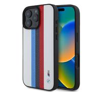CG Mobile BMW HC M Coque de téléphone conçue pour iPhone 16 Pro Max, Durable, résistante aux Chocs, Compatible avec MagSafe, Coque en polyuréthane perforé à Rayures tricolores, Blanc
