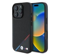CG Mobile BMW HC M Coque de téléphone conçue pour iPhone 16 Pro Max, Durable, résistante aux Chocs, Compatible avec Magsafe, Coque Tricolore perforée en polyuréthane Noir