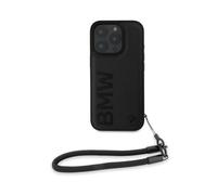 CG Mobile BMW HC Sign Étui de téléphone conçu pour iPhone 16 Pro Max, Durable, résistant aux Chocs, Cuir avec Motif marqué sur Bois, avec Cordon de Serrage, Noir