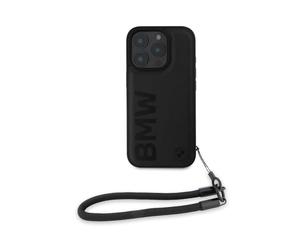 CG Mobile BMW HC Sign Étui de téléphone conçu pour iPhone 16 Pro Max, Durable, résistant aux Chocs, Cuir avec Motif marqué sur Bois, avec Cordon de Serrage, Noir