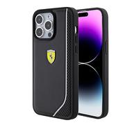 CG MOBILE Ferrari Coque de téléphone compatible avec iPhone 15 Pro Max en noir avec ligne réfléchissante, cuir PU, anti-rayures, coque de protection lisse avec facile à clipser, absorption des chocs