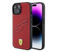 CG MOBILE Ferrari Coque de téléphone compatible avec iPhone 15" Rouge perforé Big SF, cuir PU, anti-rayures, étui de protection lisse avec facile à clipser, absorption des chocs et logo signature