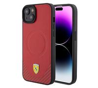 CG MOBILE Ferrari Coque de téléphone compatible avec Magsafe iPhone 15 Plus en fond PU rouge, coque de protection et durable en fibre de carbone PU avec facile à clipser, absorption des chocs et logo