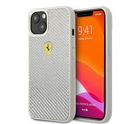 CG MOBILE Ferrari Coque de téléphone pour iPhone 13" Argent on Track, véritable Fibre de Carbone Coque de Protection et Durable avec encliquetage, Absorption des Chocs et Logo Signature