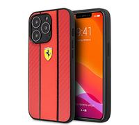 CG MOBILE Ferrari - Coque de téléphone pour iPhone 13 Pro, rouge avec lignes noires, coque de protection et durable en fibre de carbone PU avec facile à clipser, absorption des chocs et logo signature