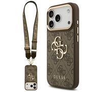 CG Mobile Guess 4G Grand Logo Classique 4G Coque avec Grande Sangle et Boutons en métal pour iPhone 17 Pro (Marron)
